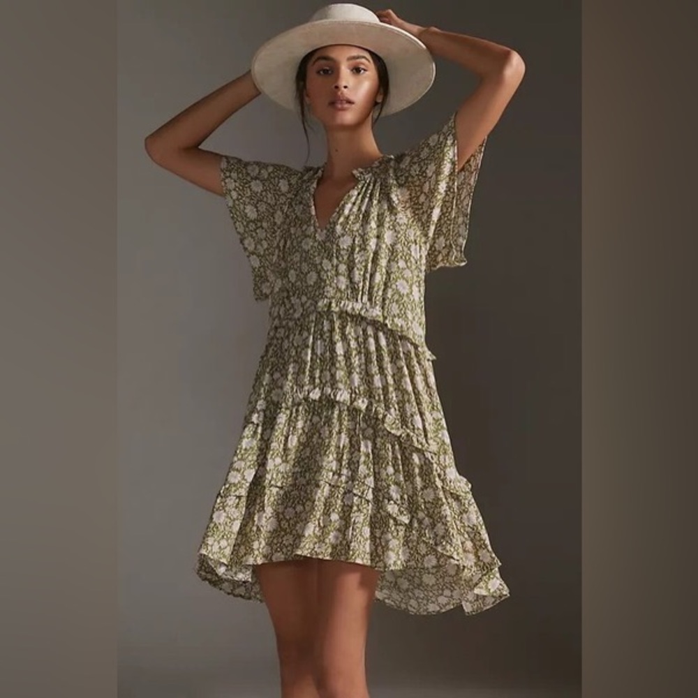 Anthropologie Robin Tiered Moss Mini Dress floral ruffles vneck babydoll
